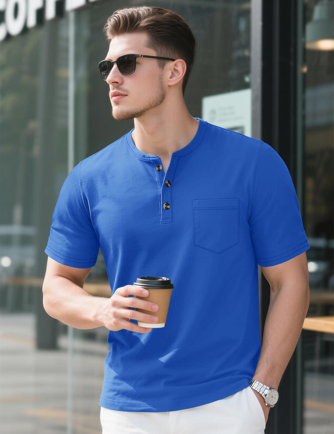 imageMAGCOMSEN Mens Henley Short Sleeve Shirt Cotton Lightweight Tee Shirts Casual Summer Basic Tees with PocketBright Blue