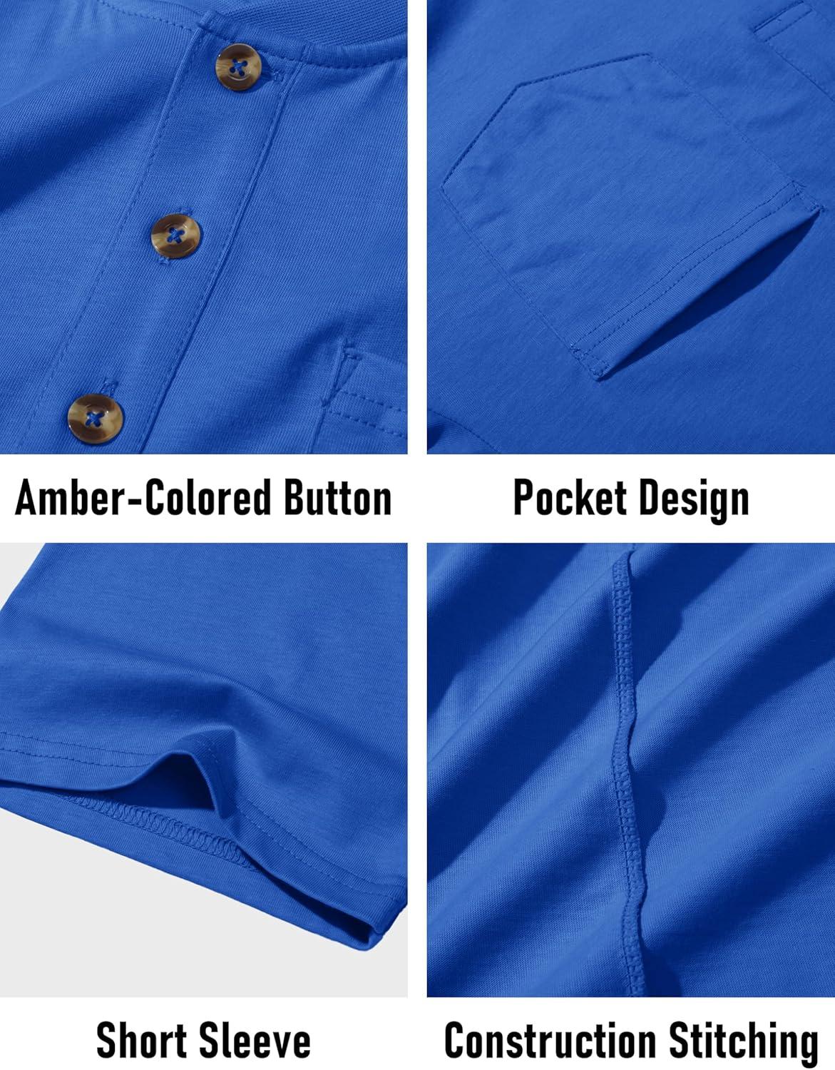 imageMAGCOMSEN Mens Henley Short Sleeve Shirt Cotton Lightweight Tee Shirts Casual Summer Basic Tees with PocketBright Blue