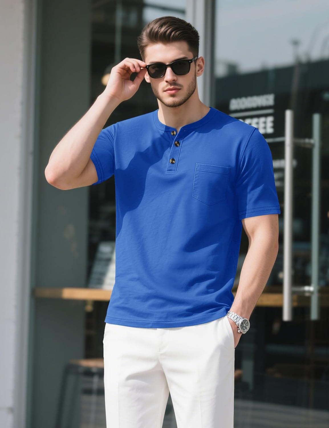 imageMAGCOMSEN Mens Henley Short Sleeve Shirt Cotton Lightweight Tee Shirts Casual Summer Basic Tees with PocketBright Blue