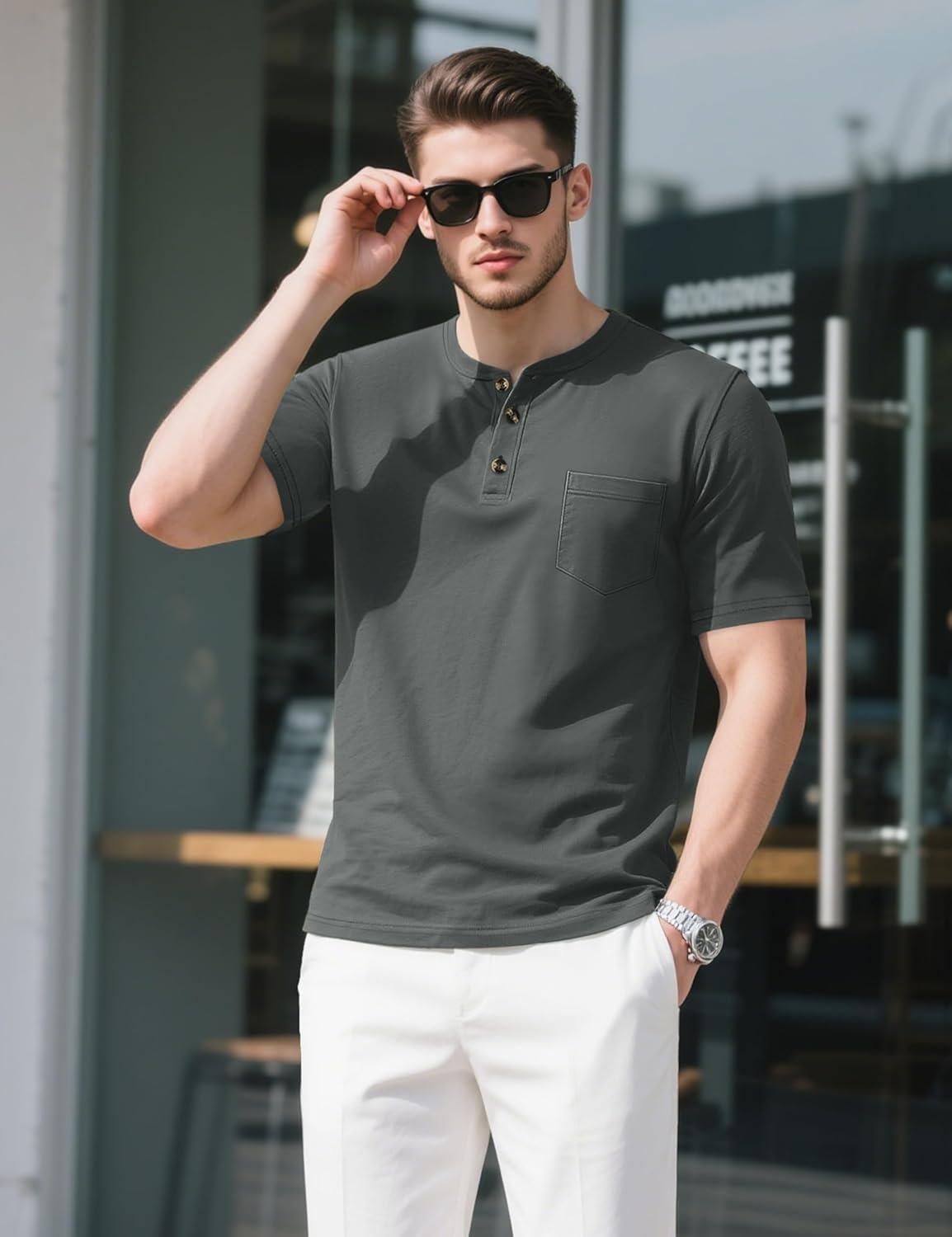 imageMAGCOMSEN Mens Henley Short Sleeve Shirt Cotton Lightweight Tee Shirts Casual Summer Basic Tees with PocketDark Grey