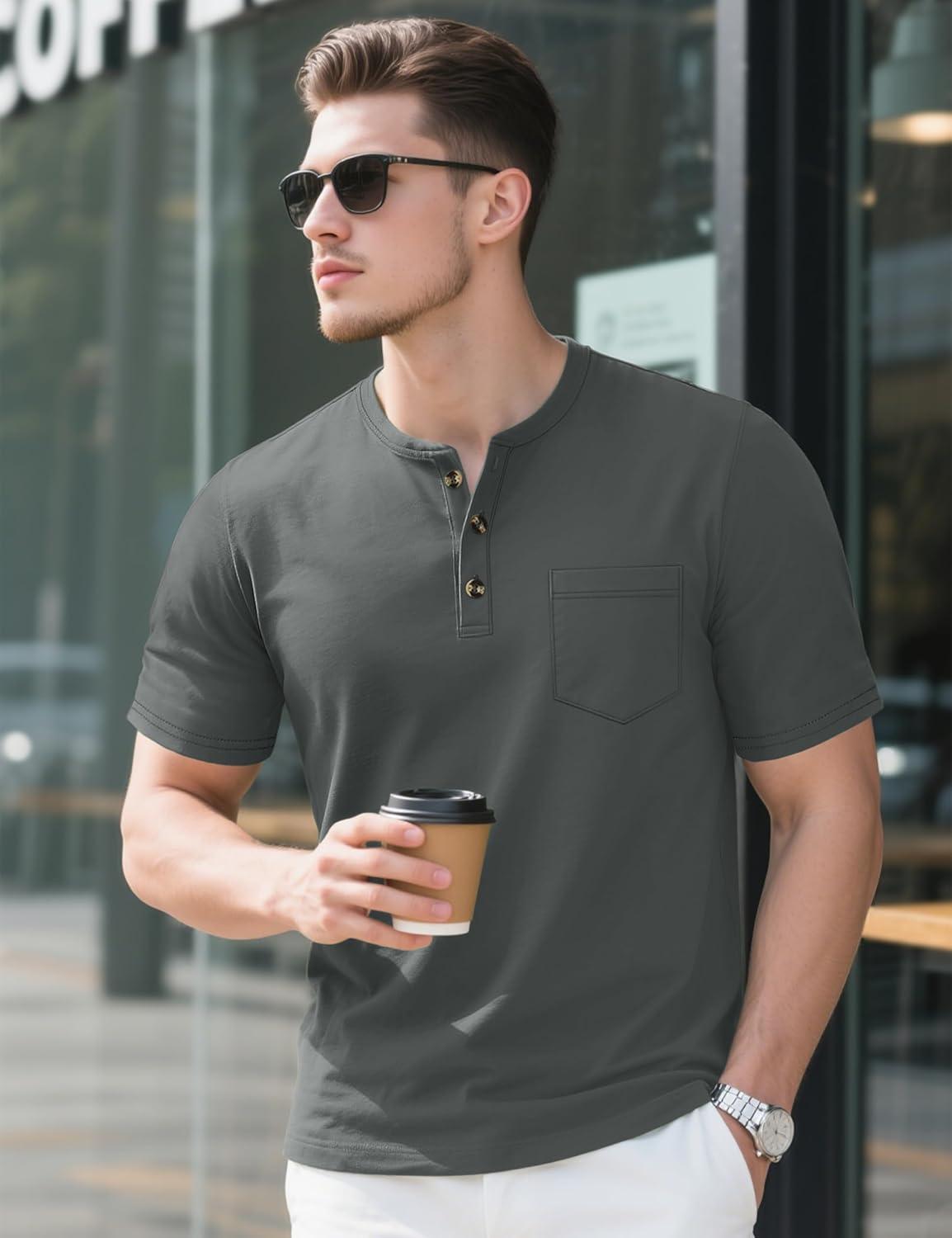 imageMAGCOMSEN Mens Henley Short Sleeve Shirt Cotton Lightweight Tee Shirts Casual Summer Basic Tees with PocketDark Grey