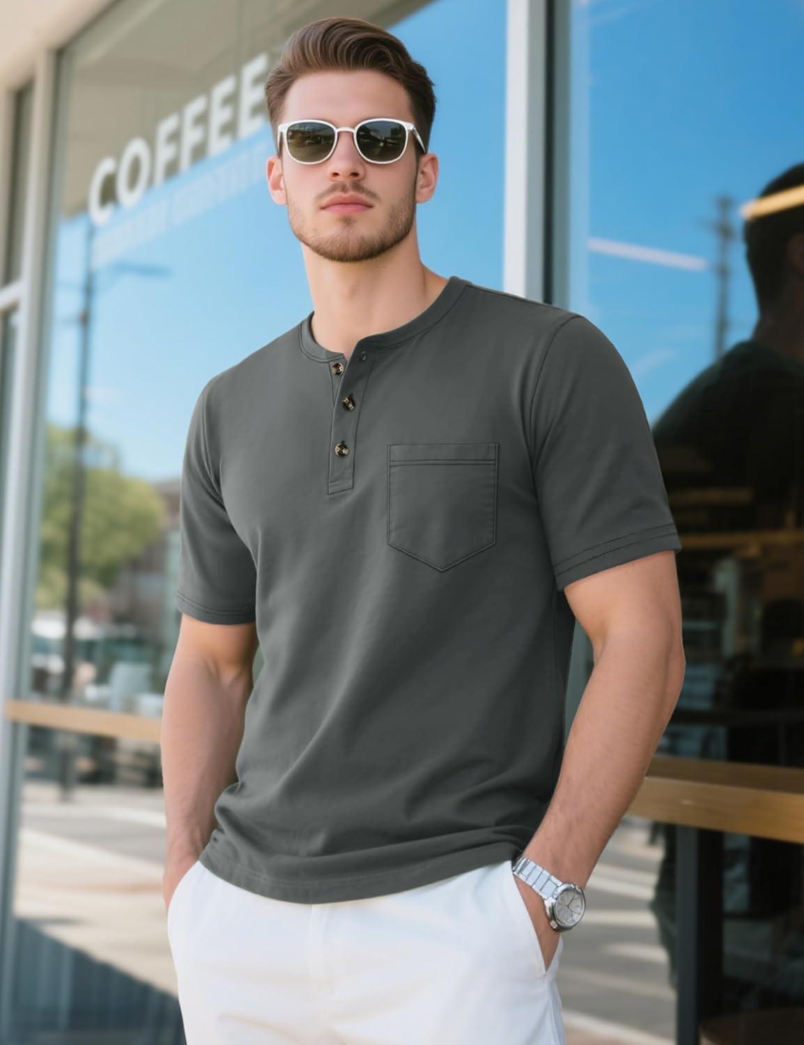 imageMAGCOMSEN Mens Henley Short Sleeve Shirt Cotton Lightweight Tee Shirts Casual Summer Basic Tees with PocketDark Grey