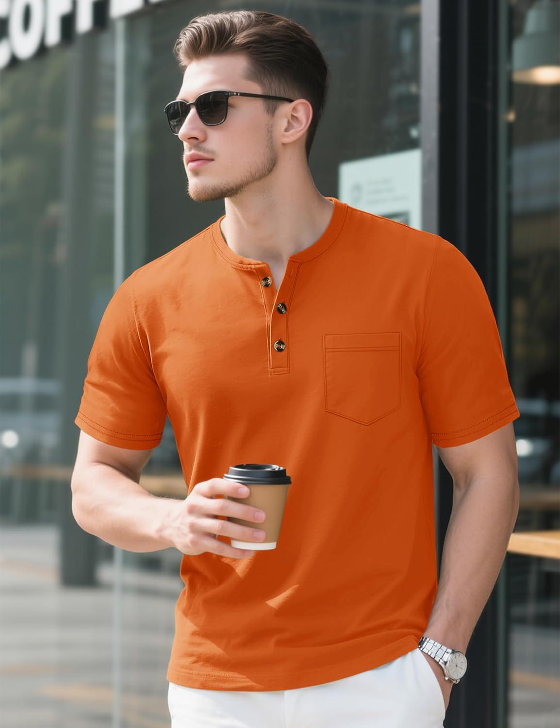 imageMAGCOMSEN Mens Henley Short Sleeve Shirt Cotton Lightweight Tee Shirts Casual Summer Basic Tees with PocketDark Orange