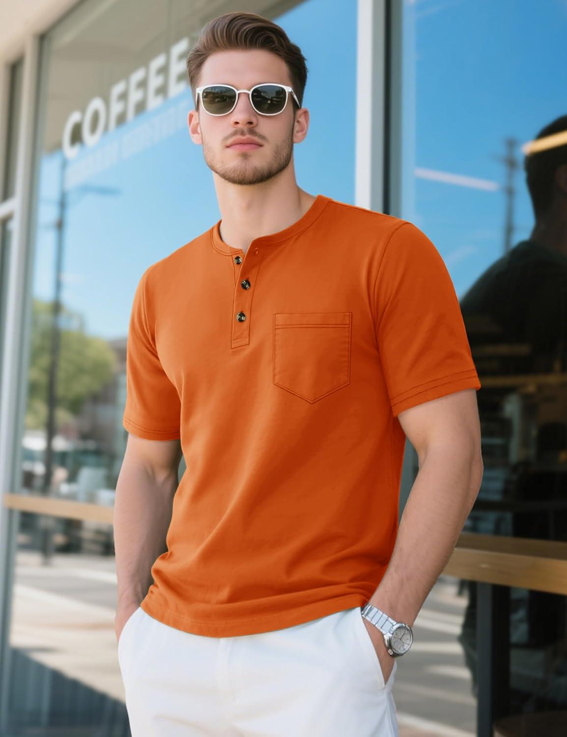 imageMAGCOMSEN Mens Henley Short Sleeve Shirt Cotton Lightweight Tee Shirts Casual Summer Basic Tees with PocketDark Orange
