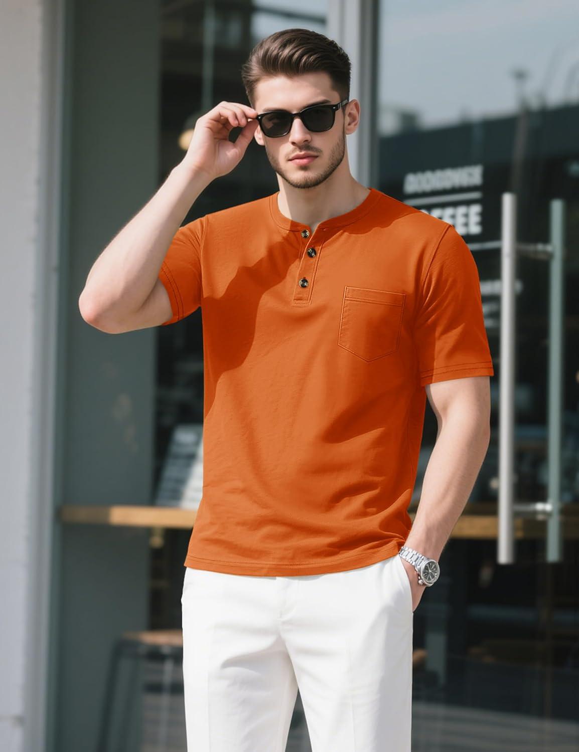 imageMAGCOMSEN Mens Henley Short Sleeve Shirt Cotton Lightweight Tee Shirts Casual Summer Basic Tees with PocketDark Orange