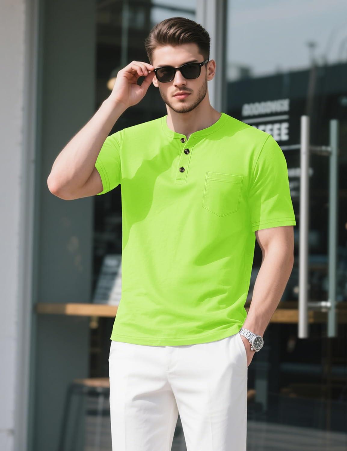 imageMAGCOMSEN Mens Henley Short Sleeve Shirt Cotton Lightweight Tee Shirts Casual Summer Basic Tees with PocketFl Green