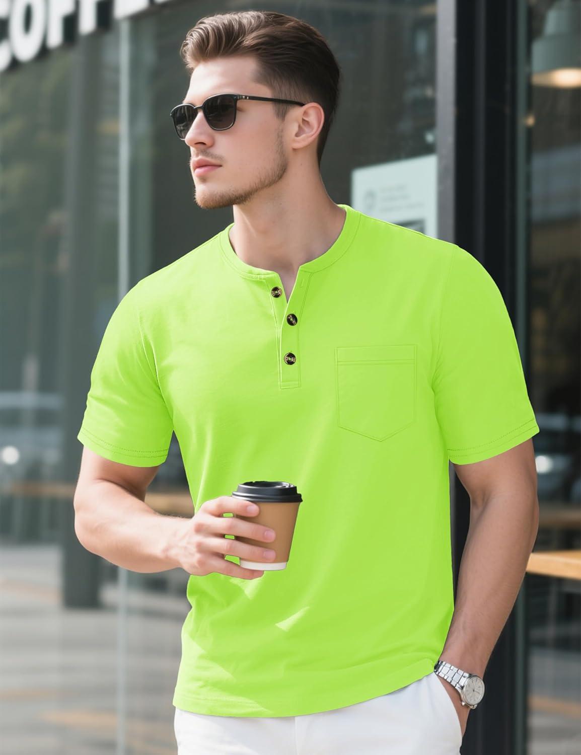 imageMAGCOMSEN Mens Henley Short Sleeve Shirt Cotton Lightweight Tee Shirts Casual Summer Basic Tees with PocketFl Green