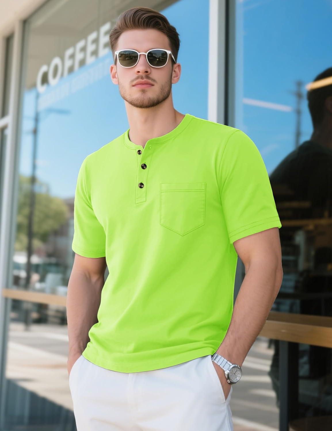 imageMAGCOMSEN Mens Henley Short Sleeve Shirt Cotton Lightweight Tee Shirts Casual Summer Basic Tees with PocketFl Green