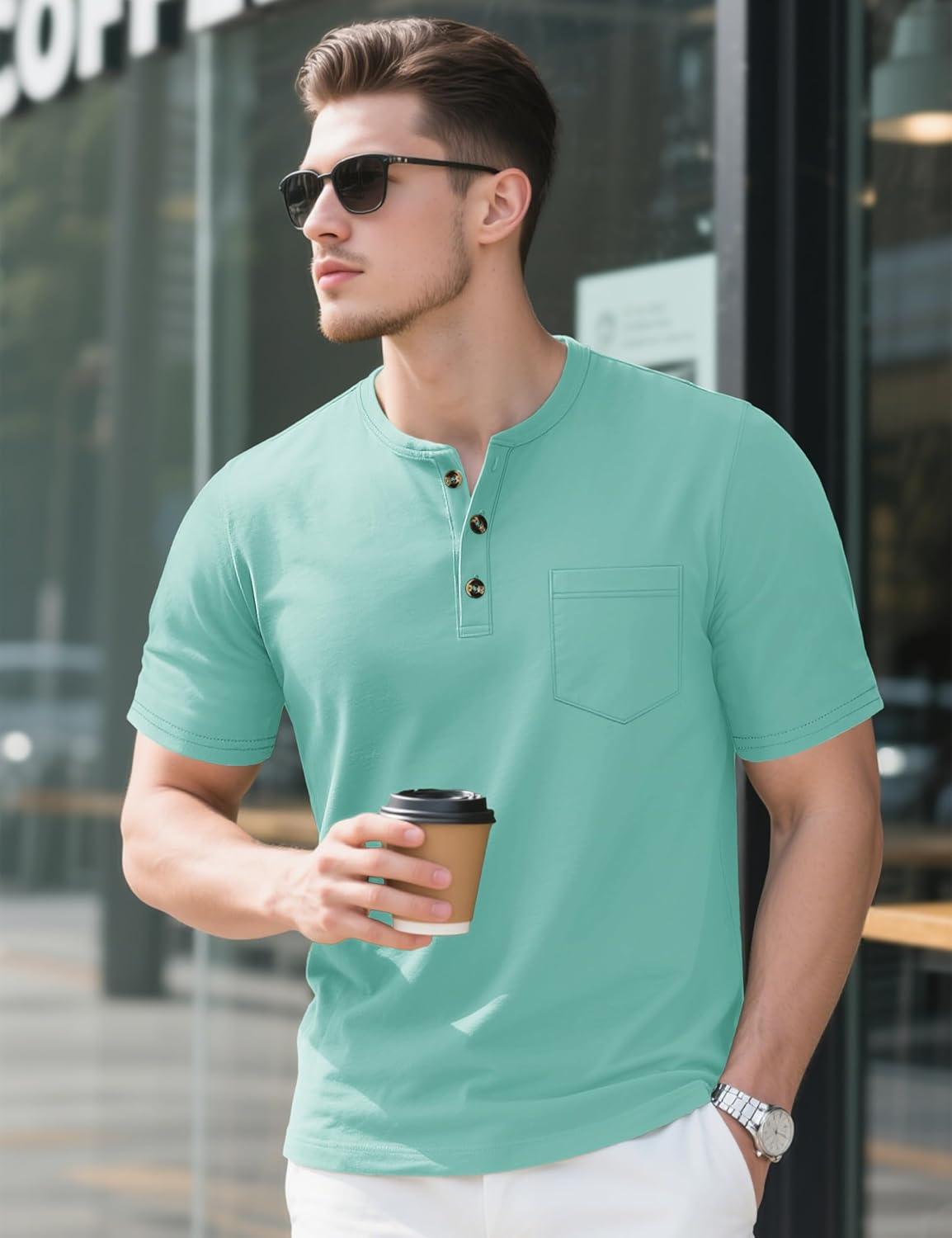imageMAGCOMSEN Mens Henley Short Sleeve Shirt Cotton Lightweight Tee Shirts Casual Summer Basic Tees with PocketGrey Green