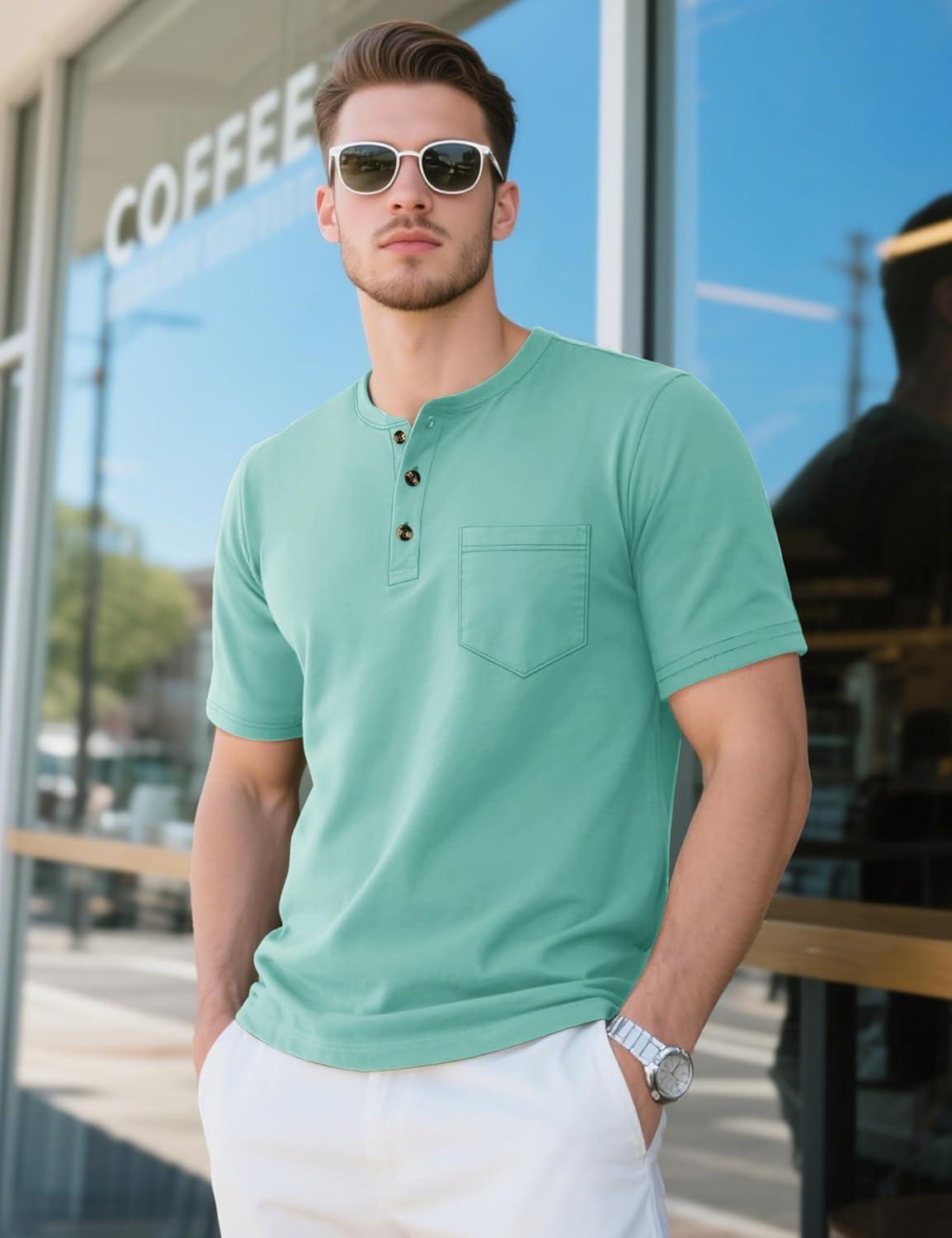 imageMAGCOMSEN Mens Henley Short Sleeve Shirt Cotton Lightweight Tee Shirts Casual Summer Basic Tees with PocketGrey Green