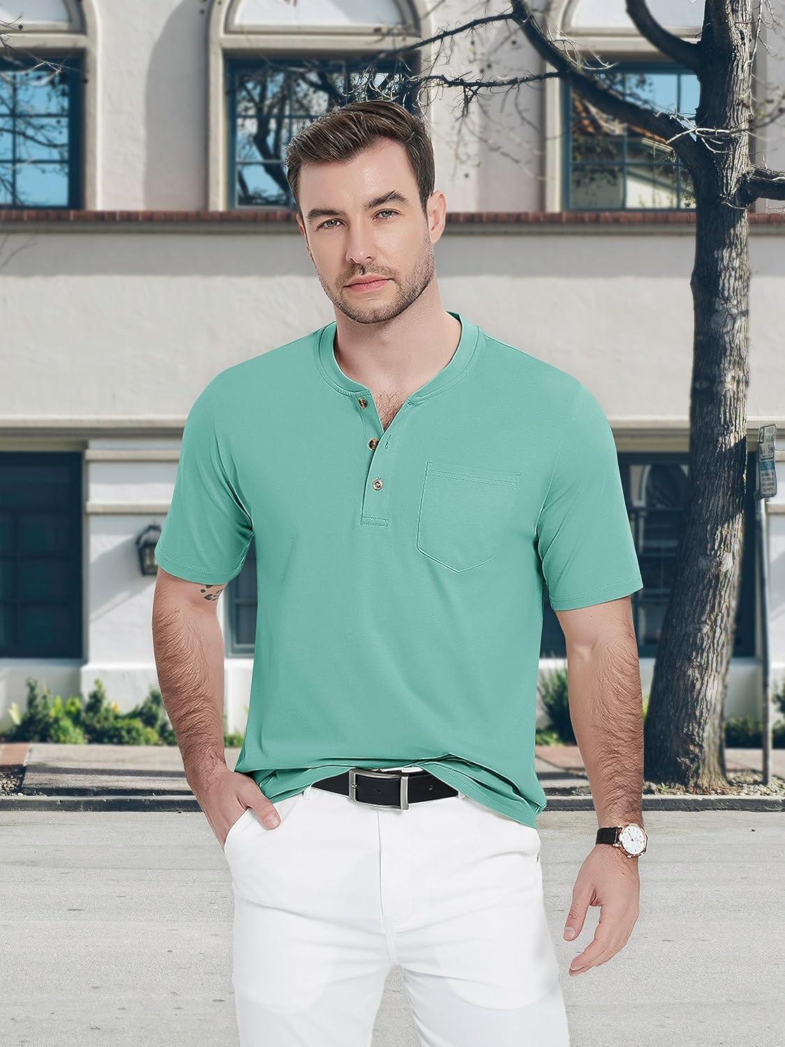 imageMAGCOMSEN Mens Henley Short Sleeve Shirt Cotton Lightweight Tee Shirts Casual Summer Basic Tees with PocketGrey Green
