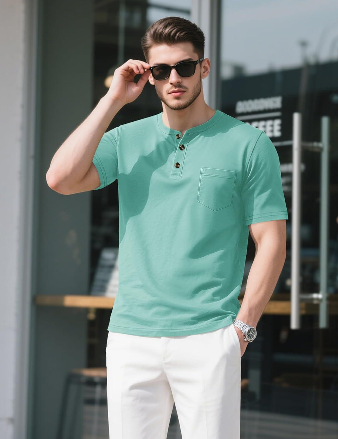 imageMAGCOMSEN Mens Henley Short Sleeve Shirt Cotton Lightweight Tee Shirts Casual Summer Basic Tees with PocketGrey Green