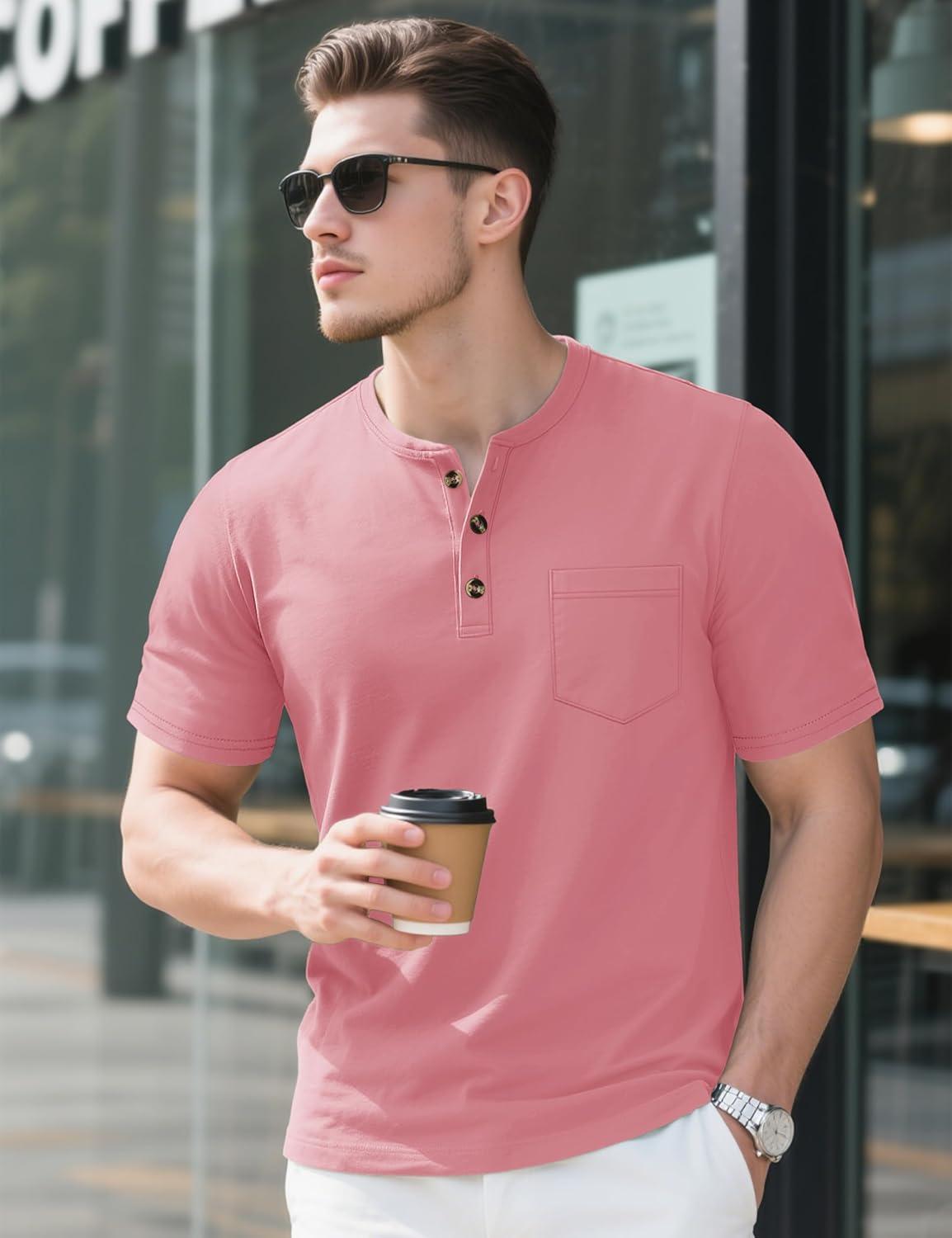 imageMAGCOMSEN Mens Henley Short Sleeve Shirt Cotton Lightweight Tee Shirts Casual Summer Basic Tees with PocketGrey Pink