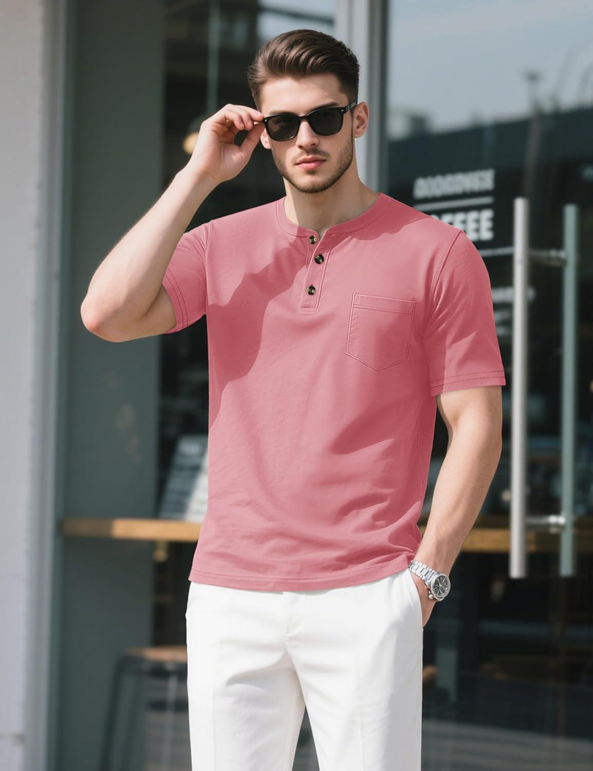 imageMAGCOMSEN Mens Henley Short Sleeve Shirt Cotton Lightweight Tee Shirts Casual Summer Basic Tees with PocketGrey Pink