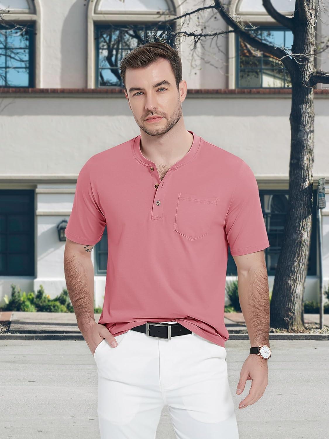 imageMAGCOMSEN Mens Henley Short Sleeve Shirt Cotton Lightweight Tee Shirts Casual Summer Basic Tees with PocketGrey Pink
