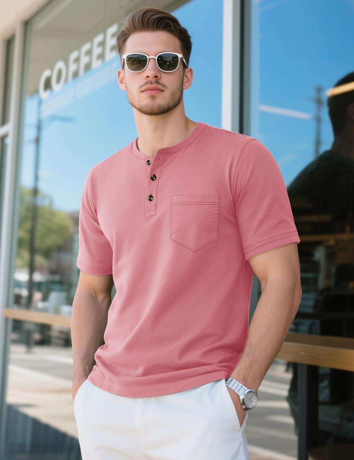 imageMAGCOMSEN Mens Henley Short Sleeve Shirt Cotton Lightweight Tee Shirts Casual Summer Basic Tees with PocketGrey Pink