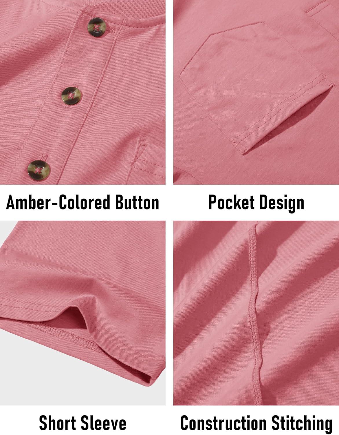imageMAGCOMSEN Mens Henley Short Sleeve Shirt Cotton Lightweight Tee Shirts Casual Summer Basic Tees with PocketGrey Pink