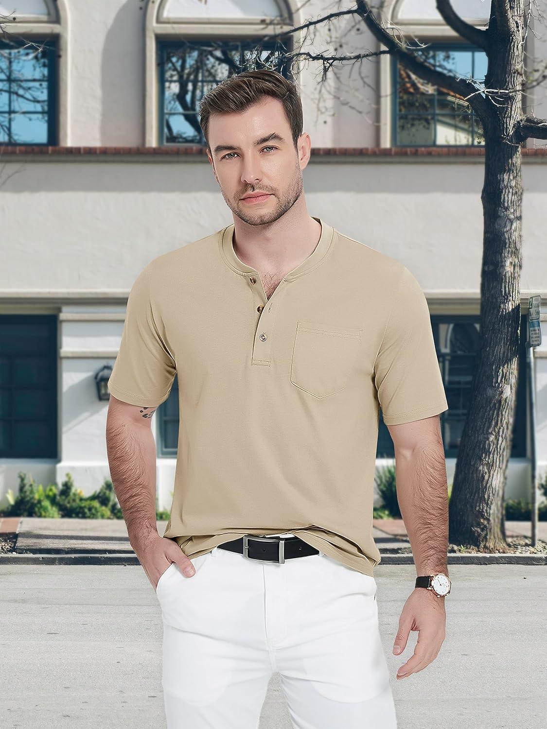 imageMAGCOMSEN Mens Henley Short Sleeve Shirt Cotton Lightweight Tee Shirts Casual Summer Basic Tees with PocketKhaki
