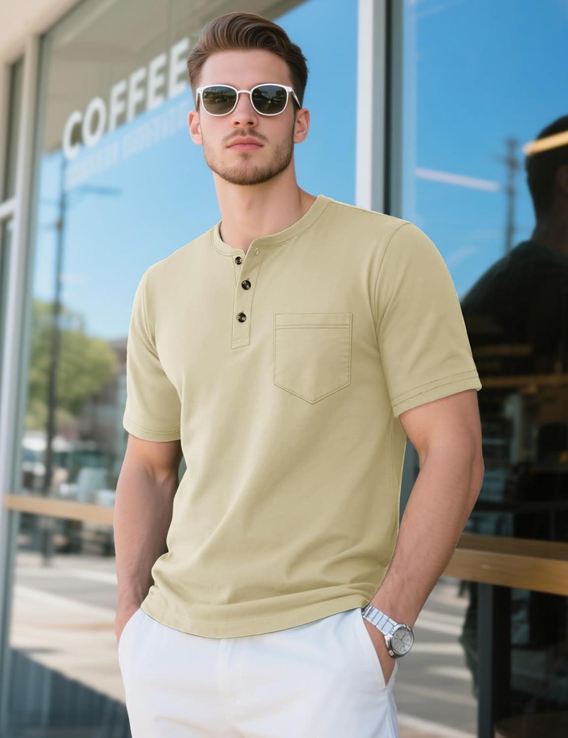 imageMAGCOMSEN Mens Henley Short Sleeve Shirt Cotton Lightweight Tee Shirts Casual Summer Basic Tees with PocketKhaki