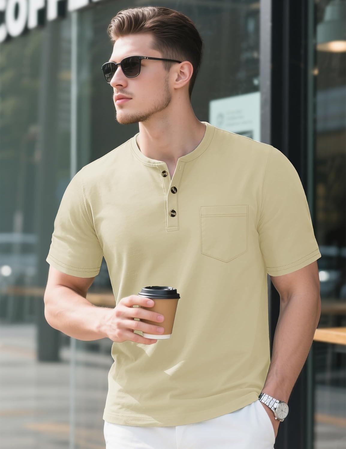 imageMAGCOMSEN Mens Henley Short Sleeve Shirt Cotton Lightweight Tee Shirts Casual Summer Basic Tees with PocketKhaki