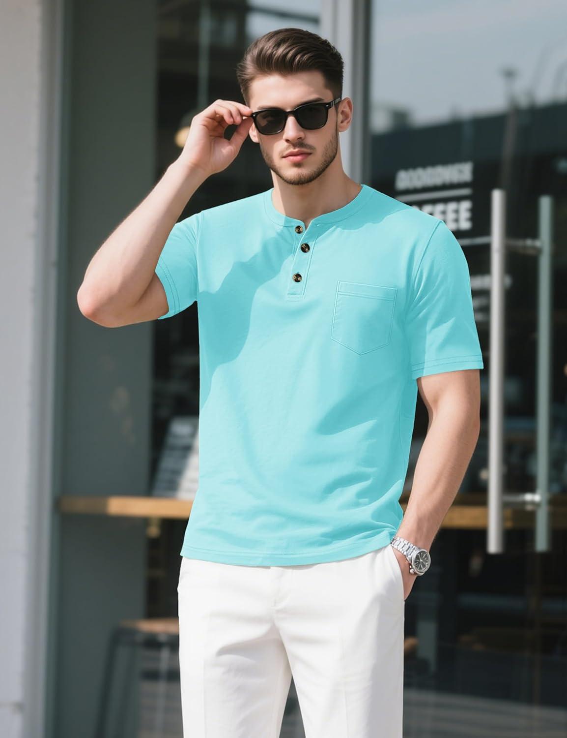 imageMAGCOMSEN Mens Henley Short Sleeve Shirt Cotton Lightweight Tee Shirts Casual Summer Basic Tees with PocketLakeblue