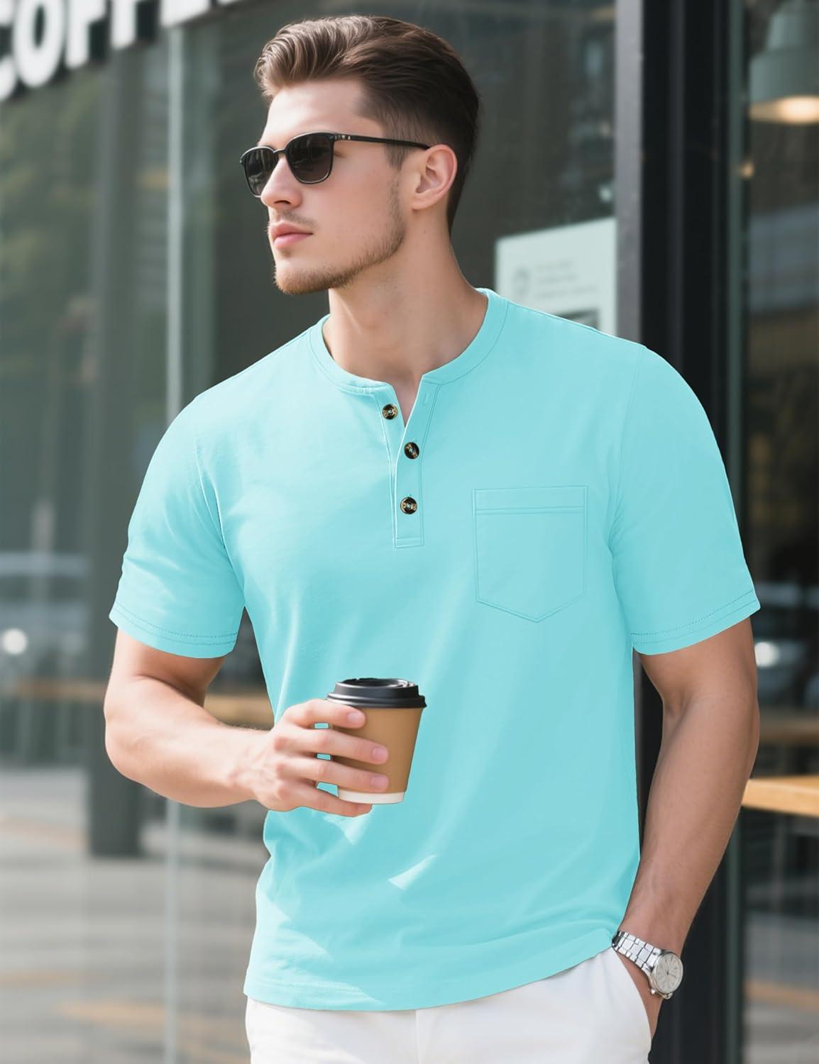 imageMAGCOMSEN Mens Henley Short Sleeve Shirt Cotton Lightweight Tee Shirts Casual Summer Basic Tees with PocketLakeblue