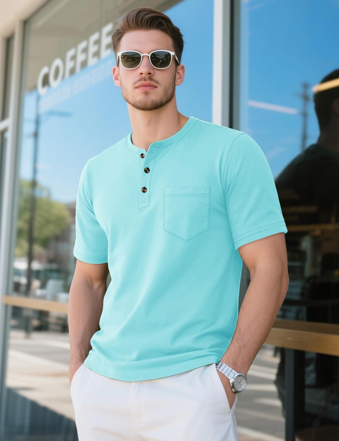 imageMAGCOMSEN Mens Henley Short Sleeve Shirt Cotton Lightweight Tee Shirts Casual Summer Basic Tees with PocketLakeblue