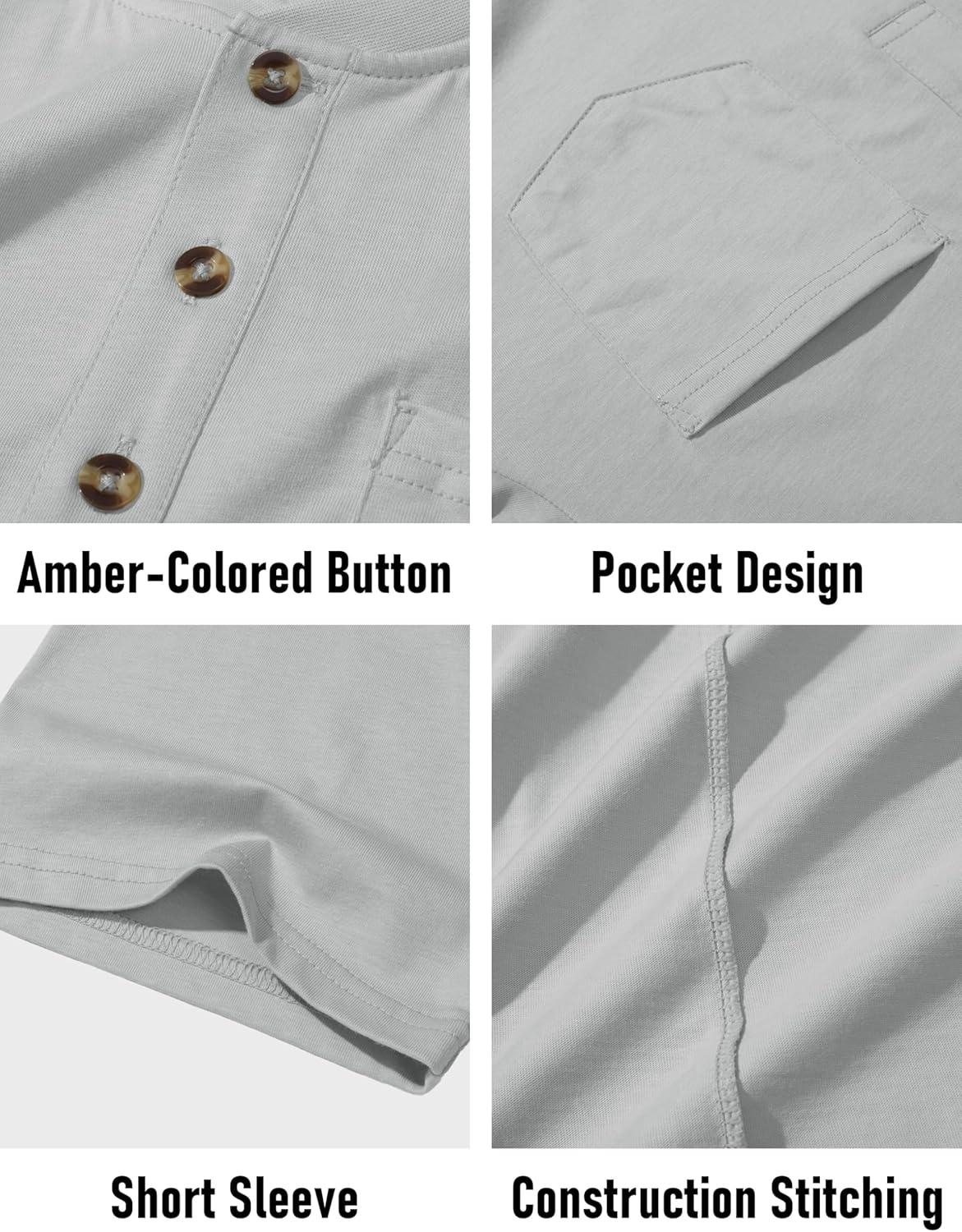 imageMAGCOMSEN Mens Henley Short Sleeve Shirt Cotton Lightweight Tee Shirts Casual Summer Basic Tees with PocketLight Grey