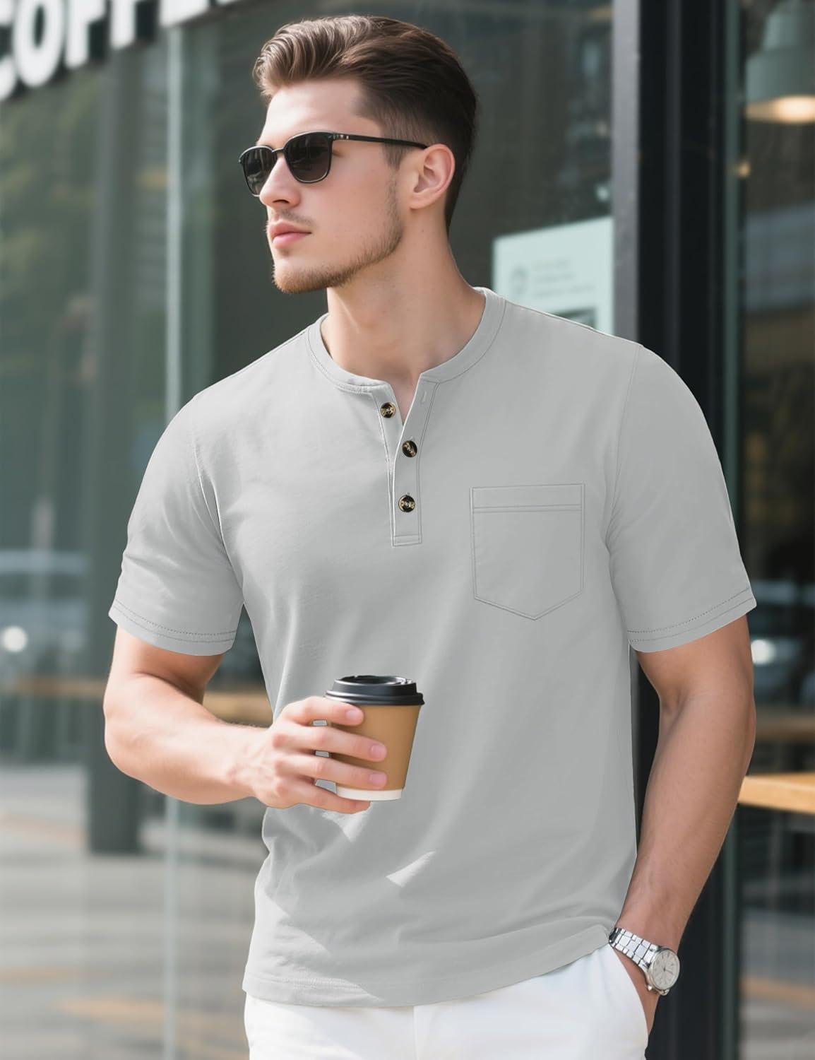 imageMAGCOMSEN Mens Henley Short Sleeve Shirt Cotton Lightweight Tee Shirts Casual Summer Basic Tees with PocketLight Grey