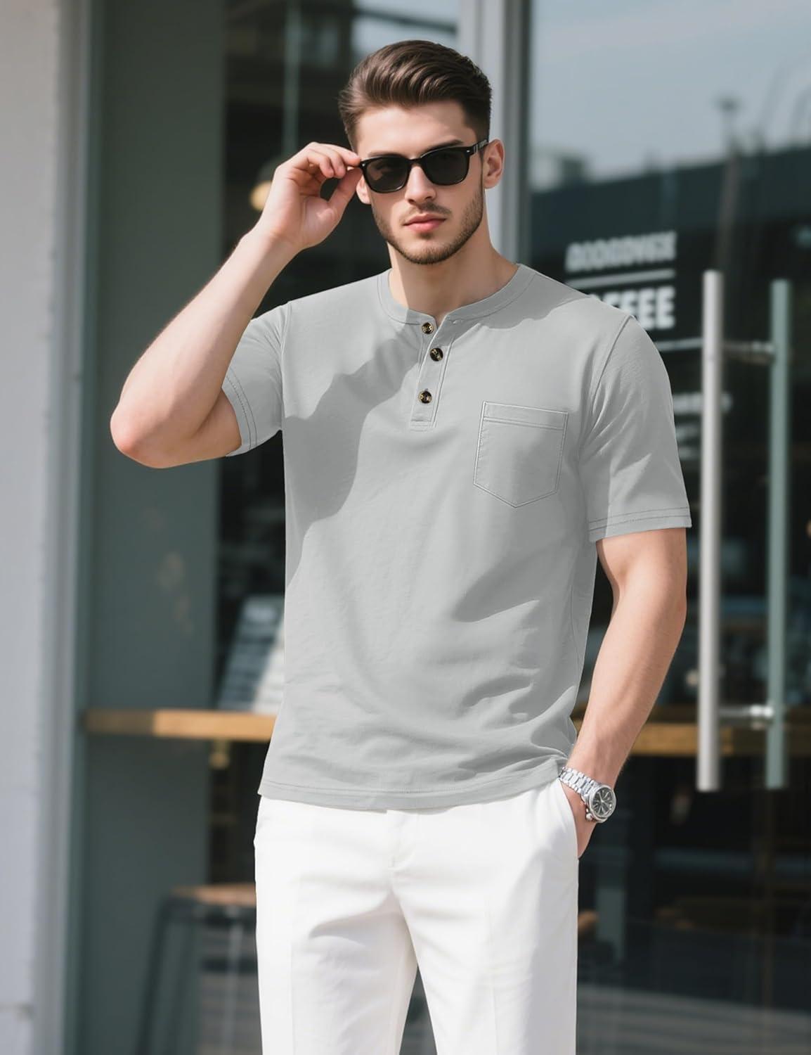imageMAGCOMSEN Mens Henley Short Sleeve Shirt Cotton Lightweight Tee Shirts Casual Summer Basic Tees with PocketLight Grey