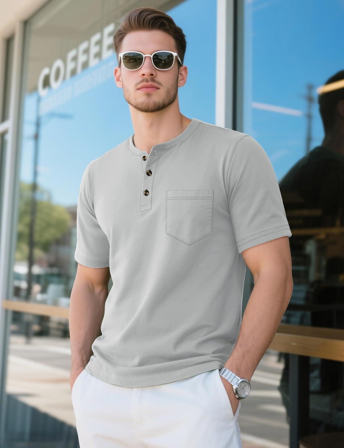 imageMAGCOMSEN Mens Henley Short Sleeve Shirt Cotton Lightweight Tee Shirts Casual Summer Basic Tees with PocketLight Grey