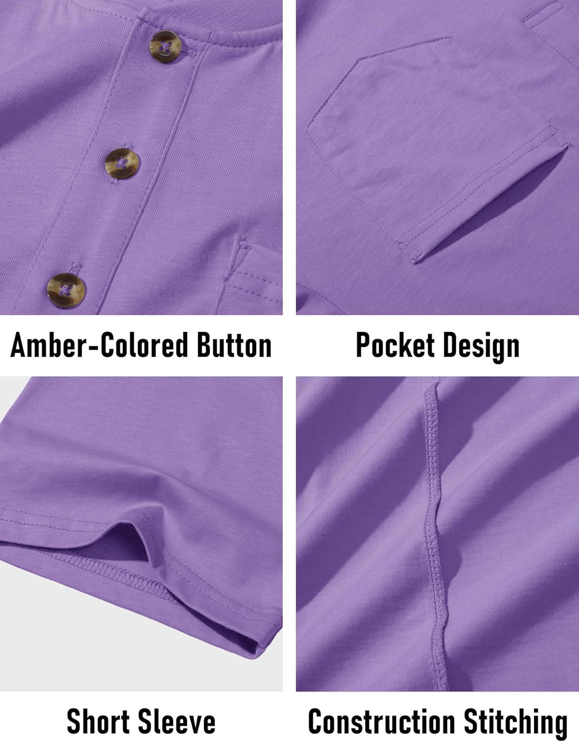 imageMAGCOMSEN Mens Henley Short Sleeve Shirt Cotton Lightweight Tee Shirts Casual Summer Basic Tees with PocketLight Purple