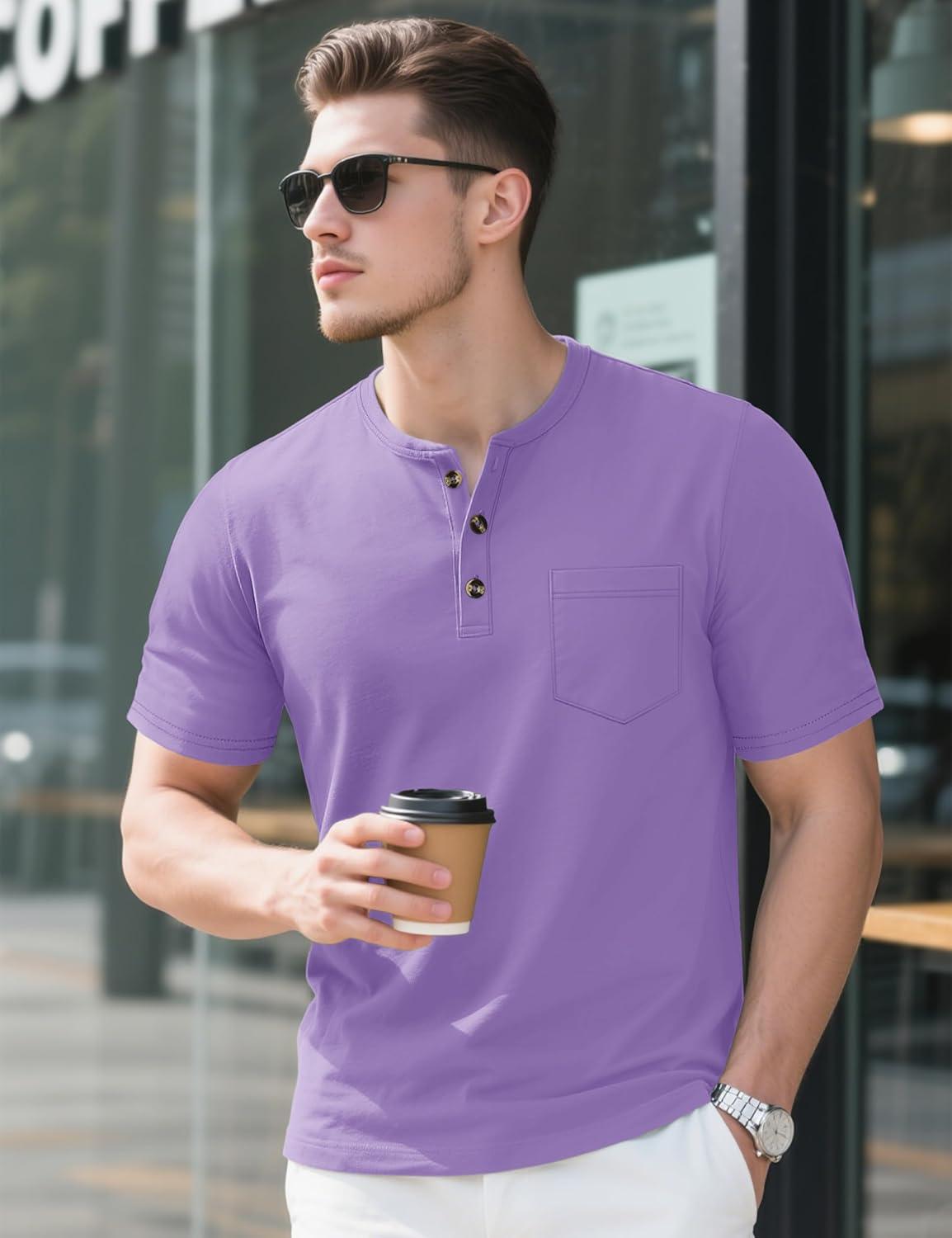 imageMAGCOMSEN Mens Henley Short Sleeve Shirt Cotton Lightweight Tee Shirts Casual Summer Basic Tees with PocketLight Purple