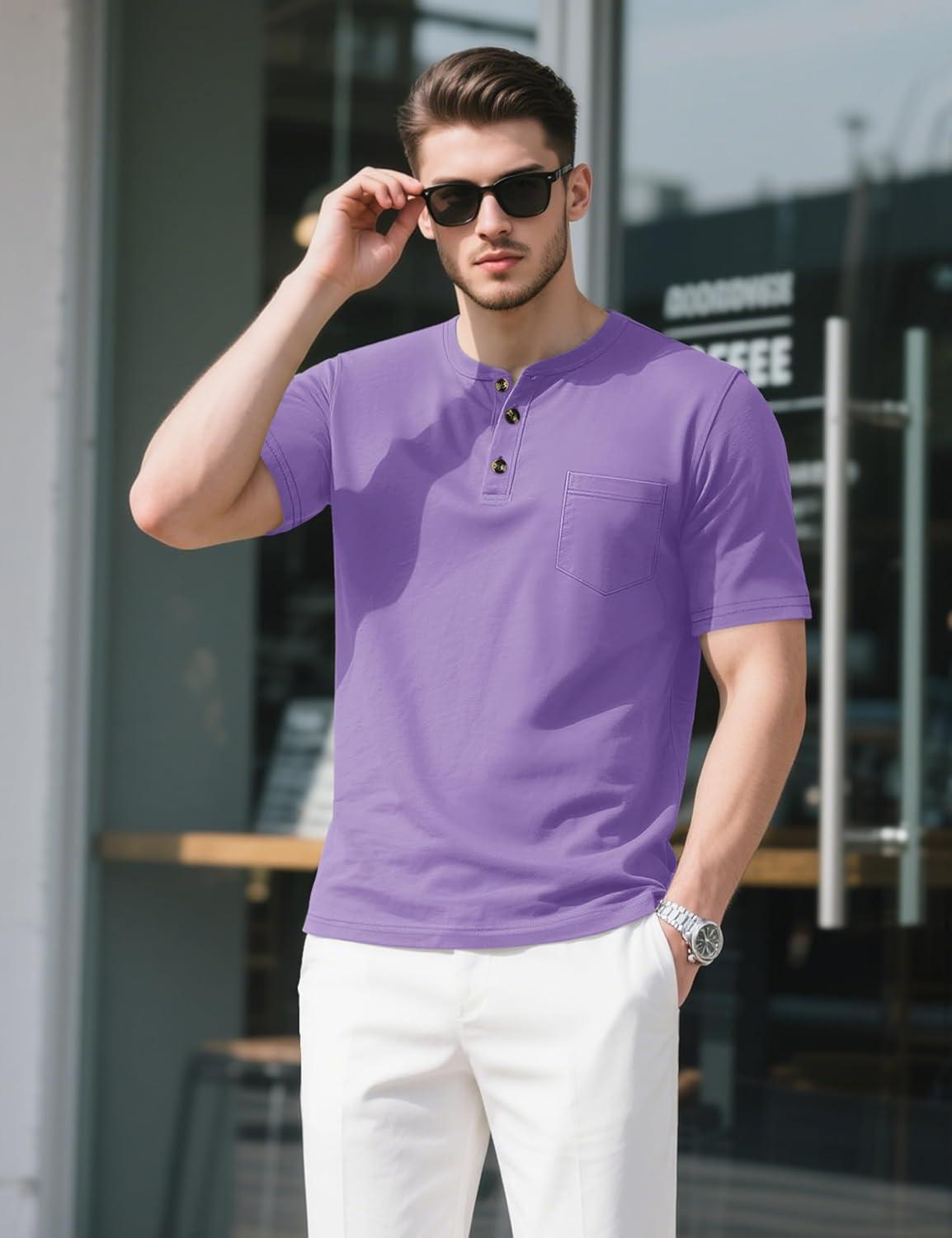 imageMAGCOMSEN Mens Henley Short Sleeve Shirt Cotton Lightweight Tee Shirts Casual Summer Basic Tees with PocketLight Purple
