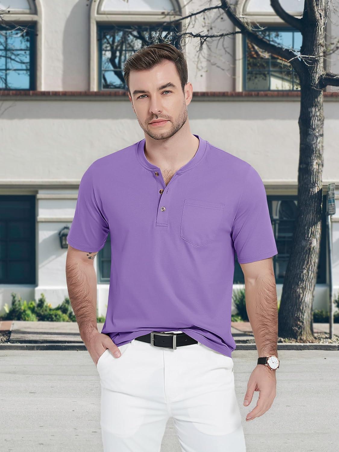 imageMAGCOMSEN Mens Henley Short Sleeve Shirt Cotton Lightweight Tee Shirts Casual Summer Basic Tees with PocketLight Purple