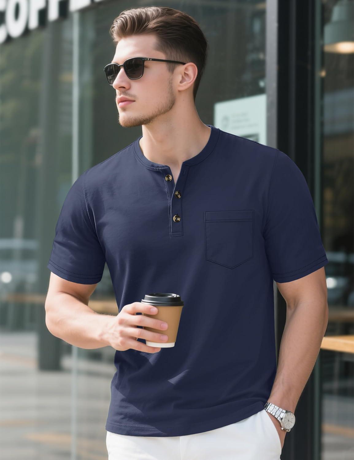 imageMAGCOMSEN Mens Henley Short Sleeve Shirt Cotton Lightweight Tee Shirts Casual Summer Basic Tees with PocketNevy Blue