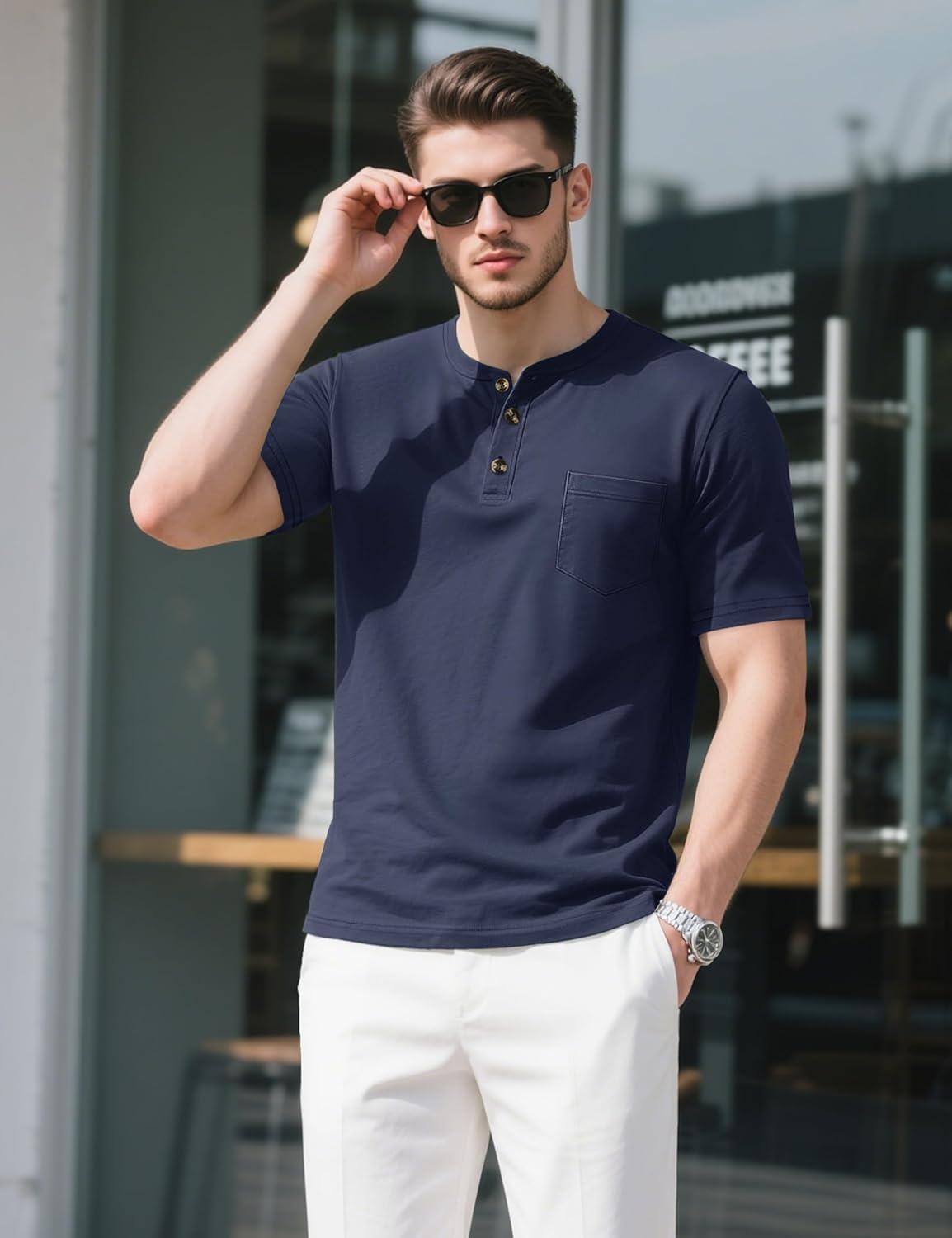 imageMAGCOMSEN Mens Henley Short Sleeve Shirt Cotton Lightweight Tee Shirts Casual Summer Basic Tees with PocketNevy Blue