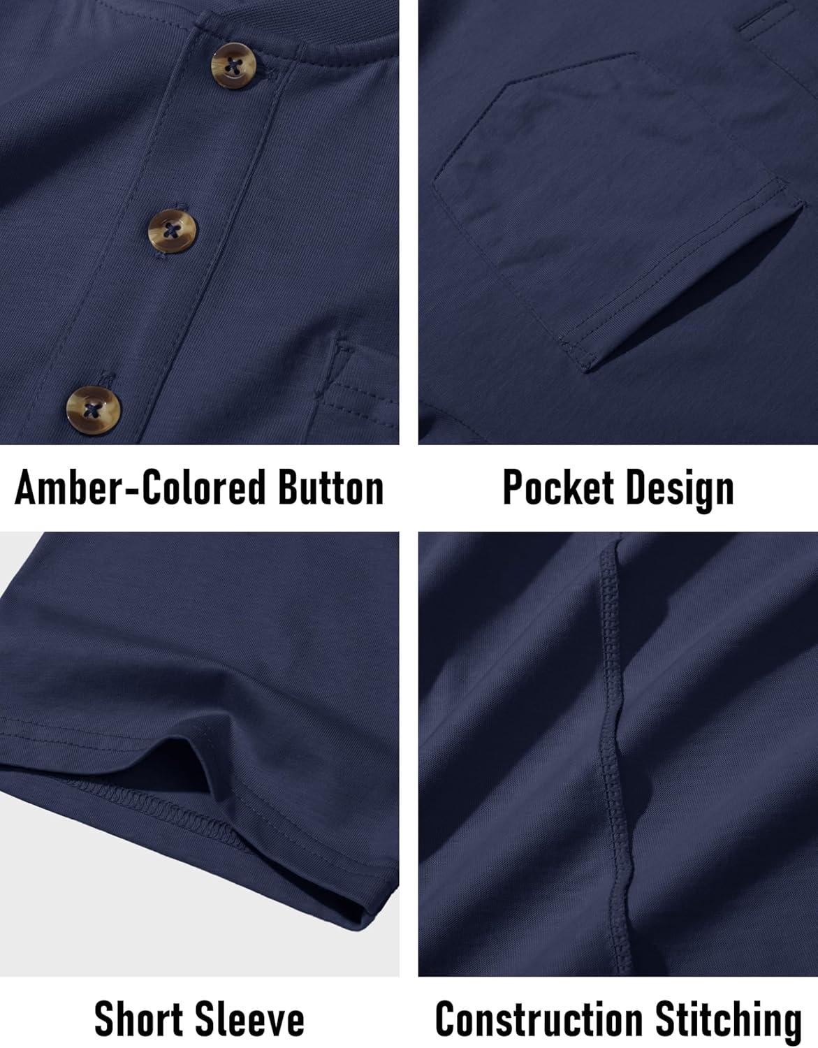 imageMAGCOMSEN Mens Henley Short Sleeve Shirt Cotton Lightweight Tee Shirts Casual Summer Basic Tees with PocketNevy Blue