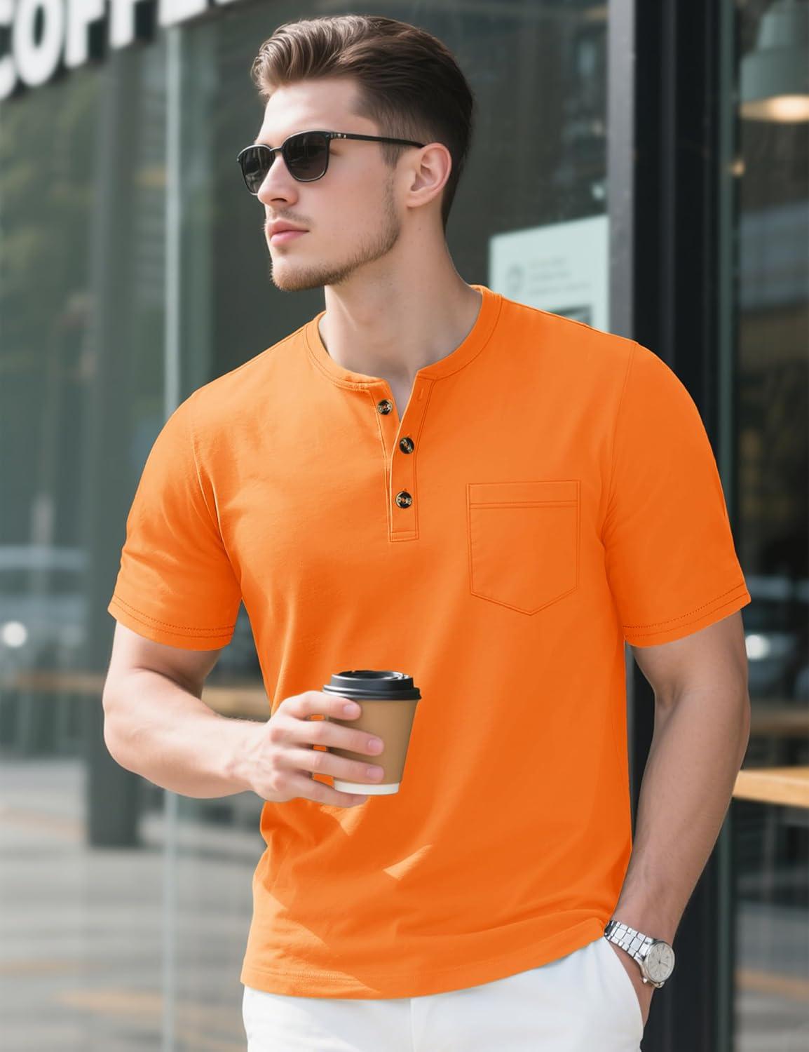 imageMAGCOMSEN Mens Henley Short Sleeve Shirt Cotton Lightweight Tee Shirts Casual Summer Basic Tees with PocketOrange