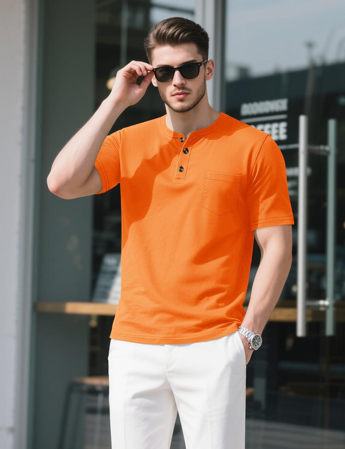imageMAGCOMSEN Mens Henley Short Sleeve Shirt Cotton Lightweight Tee Shirts Casual Summer Basic Tees with PocketOrange
