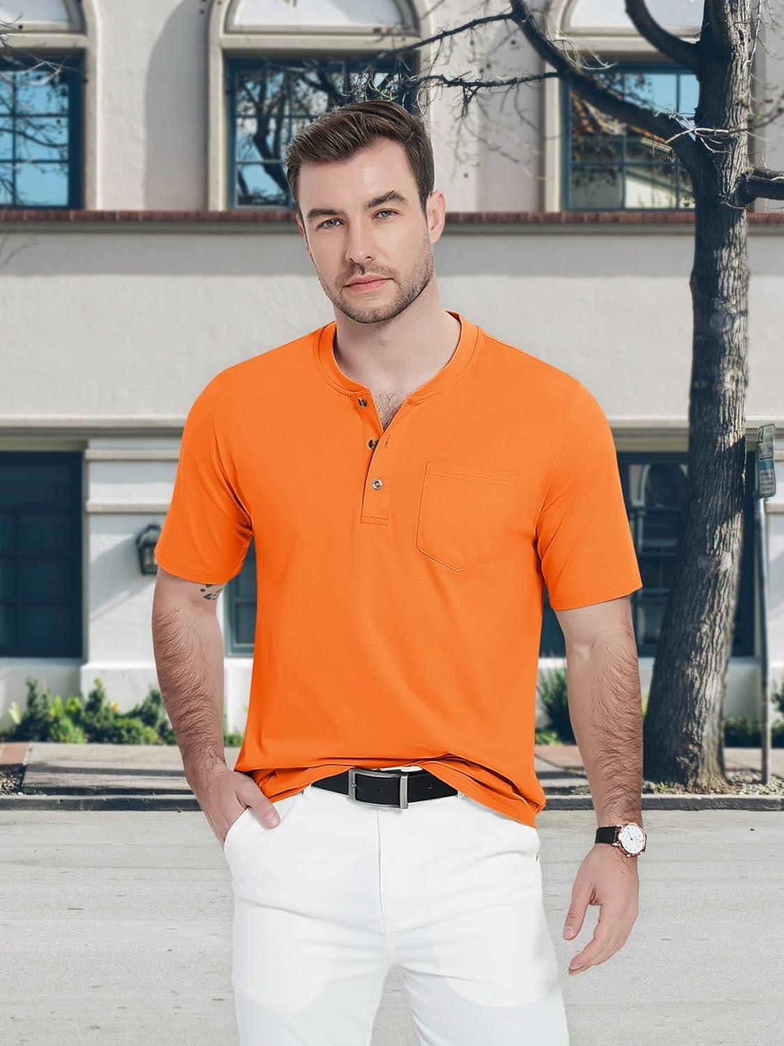 imageMAGCOMSEN Mens Henley Short Sleeve Shirt Cotton Lightweight Tee Shirts Casual Summer Basic Tees with PocketOrange
