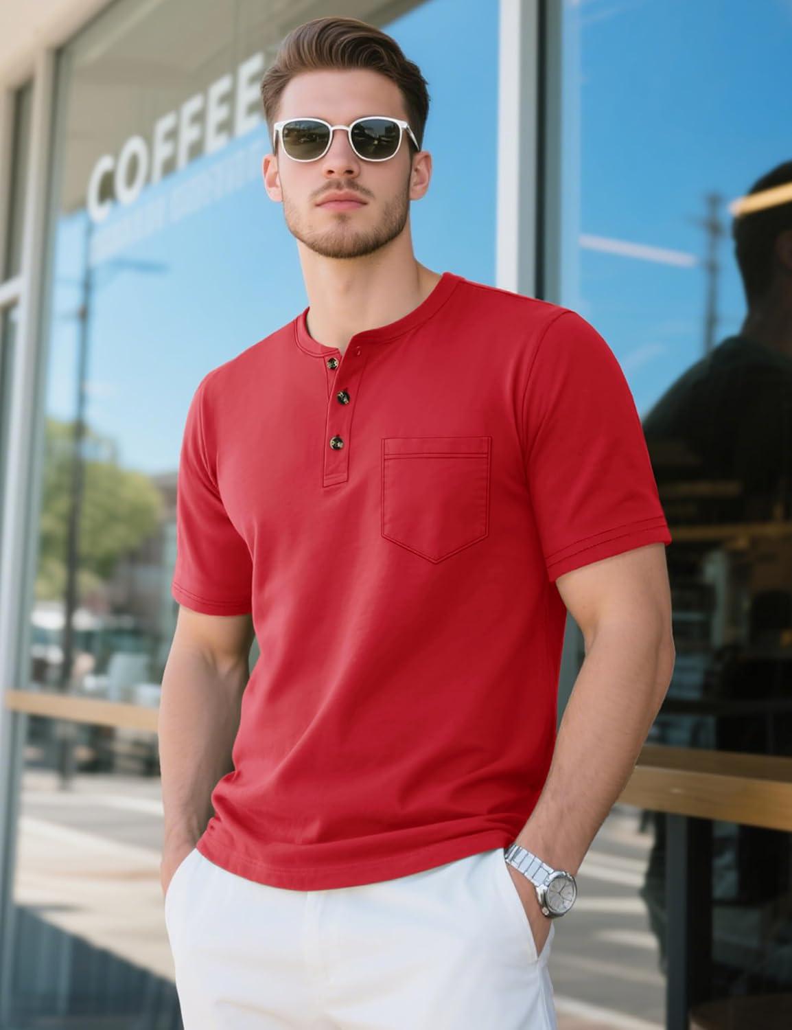imageMAGCOMSEN Mens Henley Short Sleeve Shirt Cotton Lightweight Tee Shirts Casual Summer Basic Tees with PocketTomato Red