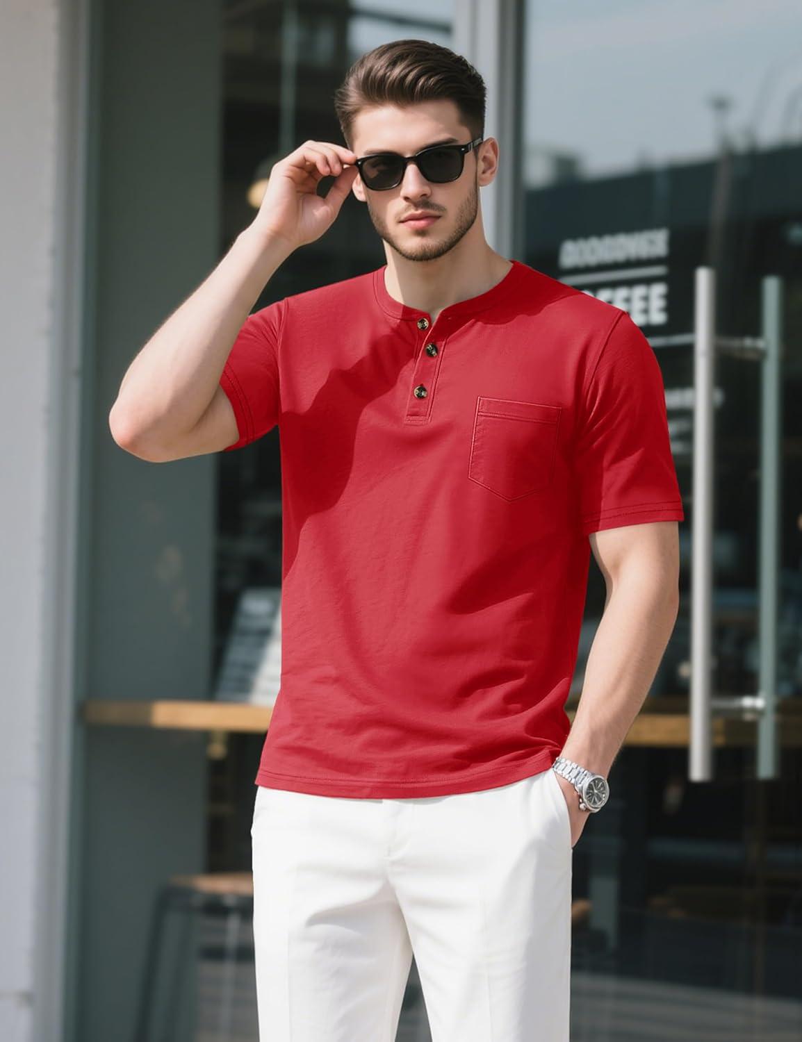 imageMAGCOMSEN Mens Henley Short Sleeve Shirt Cotton Lightweight Tee Shirts Casual Summer Basic Tees with PocketTomato Red
