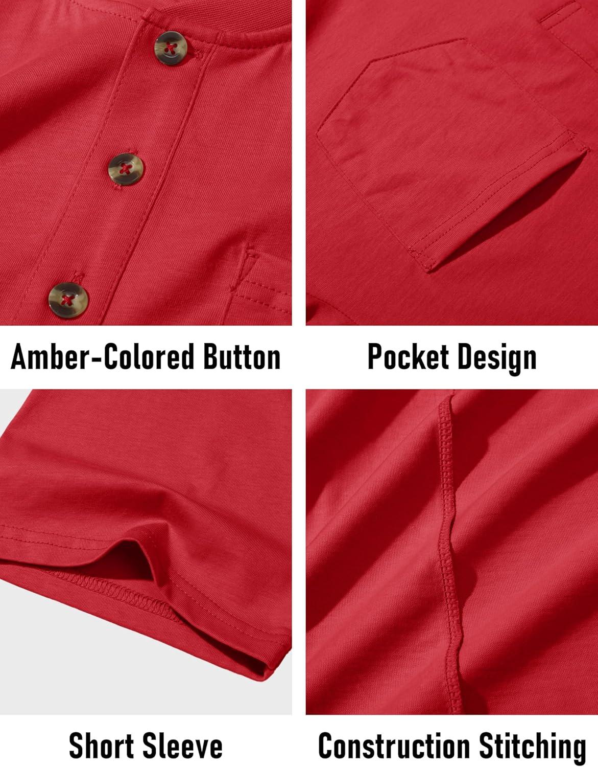 imageMAGCOMSEN Mens Henley Short Sleeve Shirt Cotton Lightweight Tee Shirts Casual Summer Basic Tees with PocketTomato Red