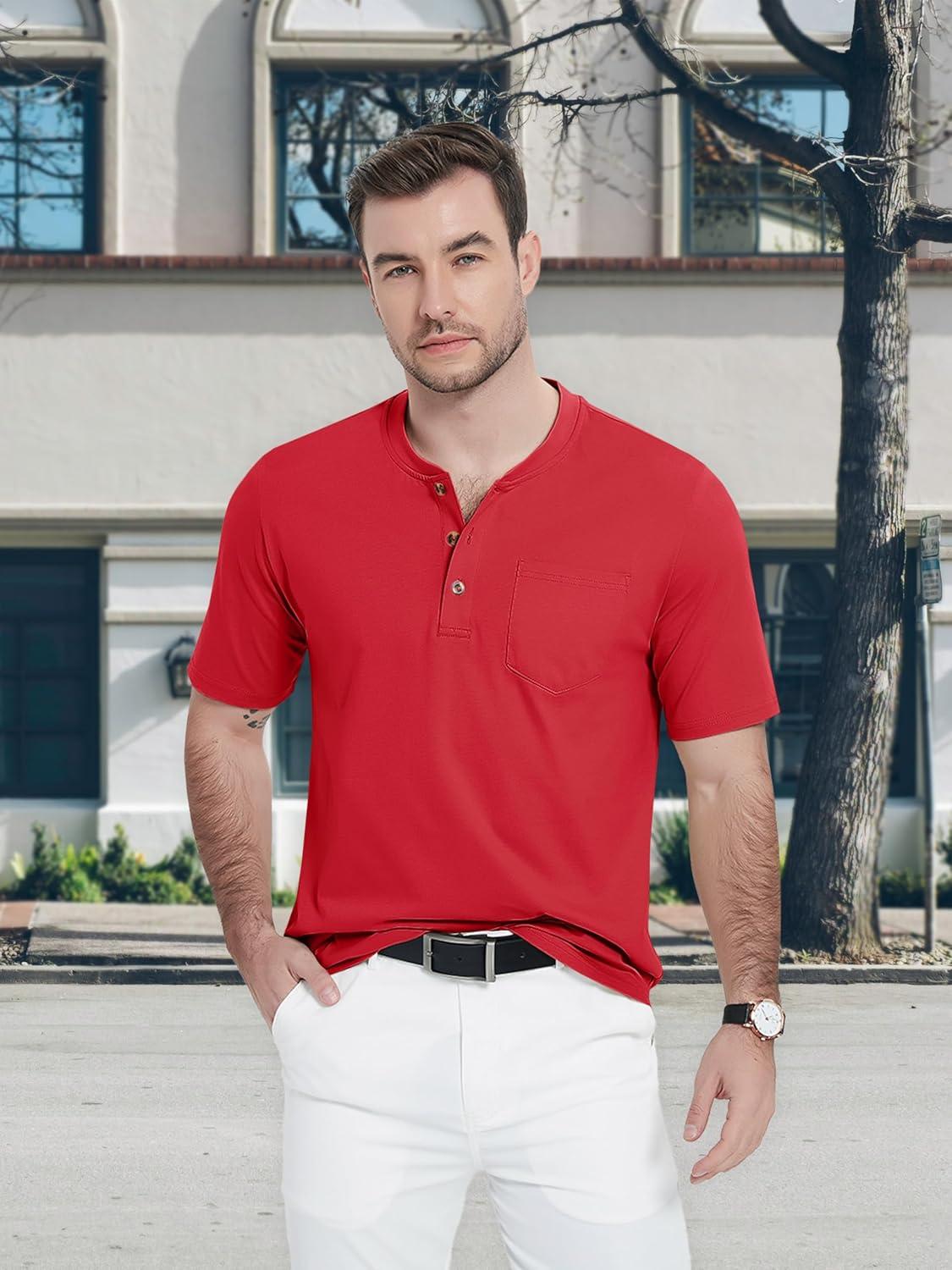 imageMAGCOMSEN Mens Henley Short Sleeve Shirt Cotton Lightweight Tee Shirts Casual Summer Basic Tees with PocketTomato Red
