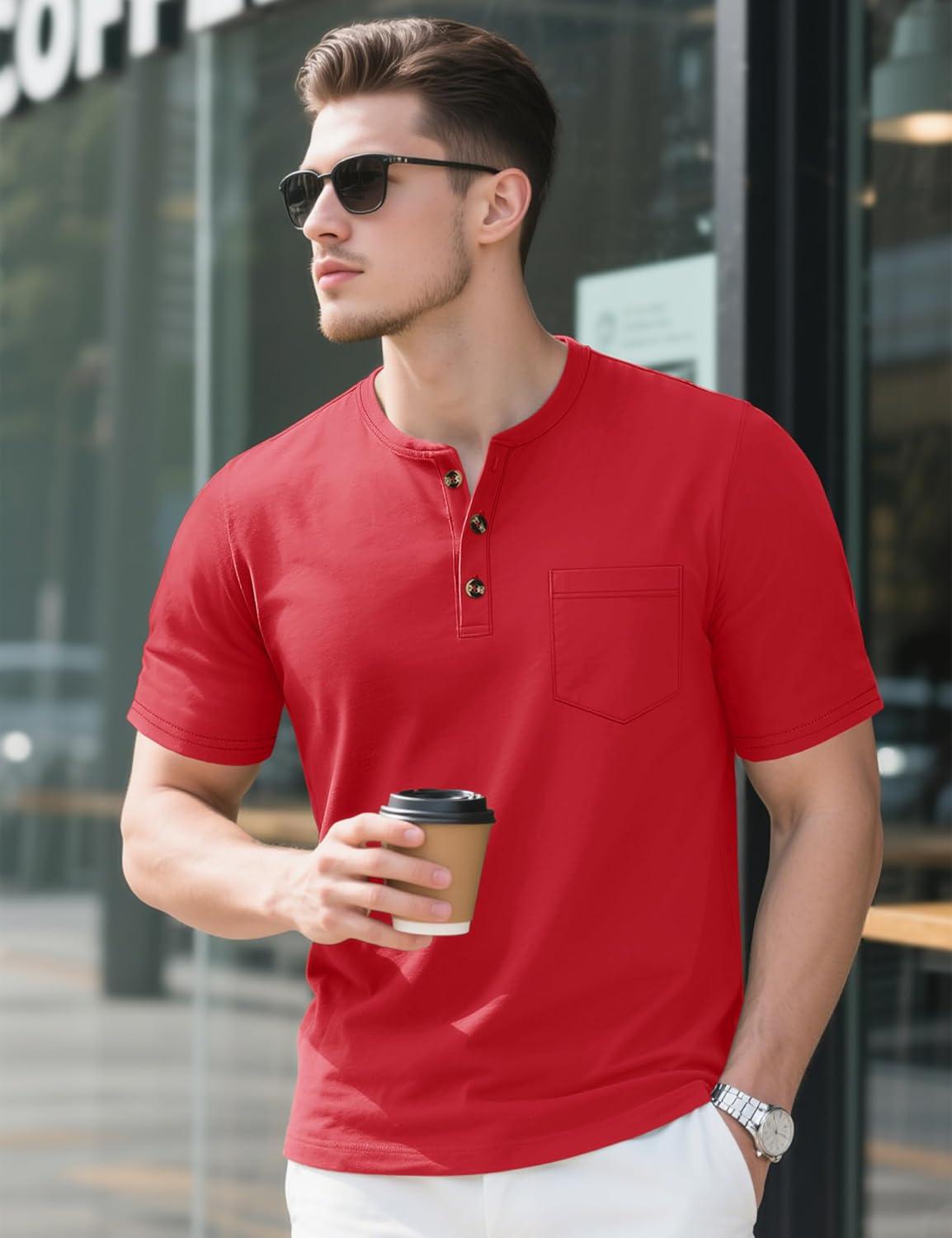 imageMAGCOMSEN Mens Henley Short Sleeve Shirt Cotton Lightweight Tee Shirts Casual Summer Basic Tees with PocketTomato Red