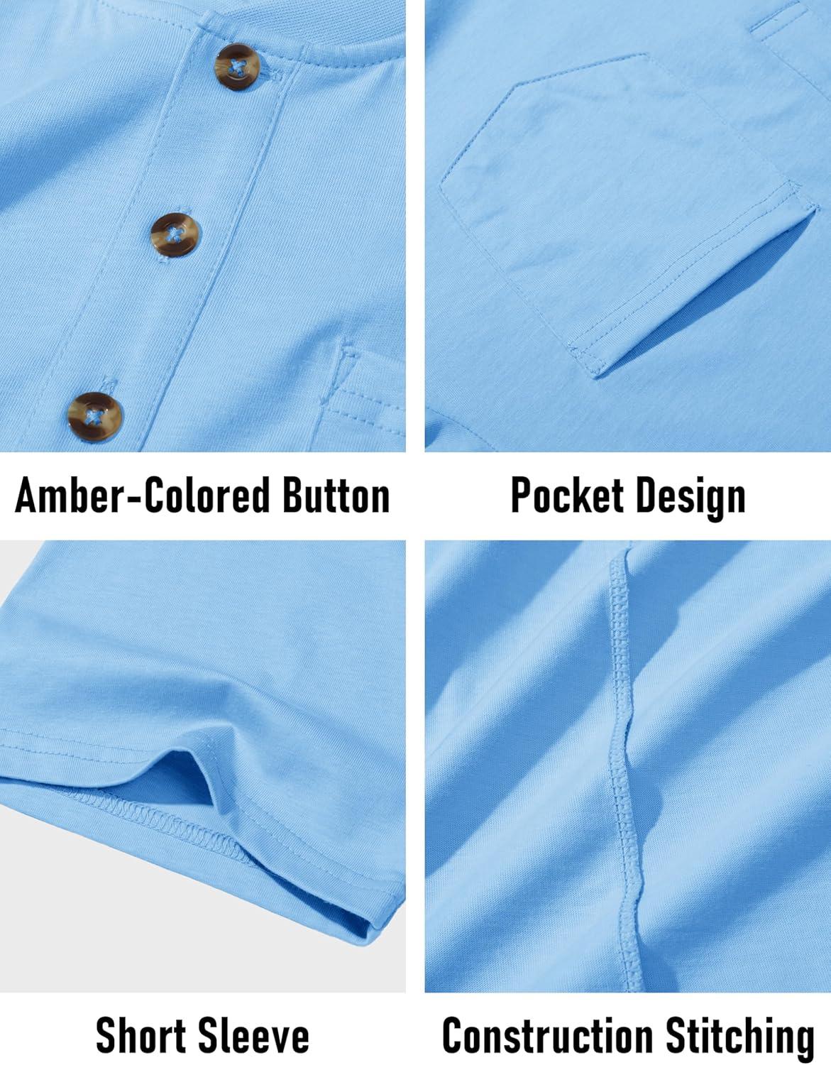 imageMAGCOMSEN Mens Henley Short Sleeve Shirt Cotton Lightweight Tee Shirts Casual Summer Basic Tees with PocketWater Blue