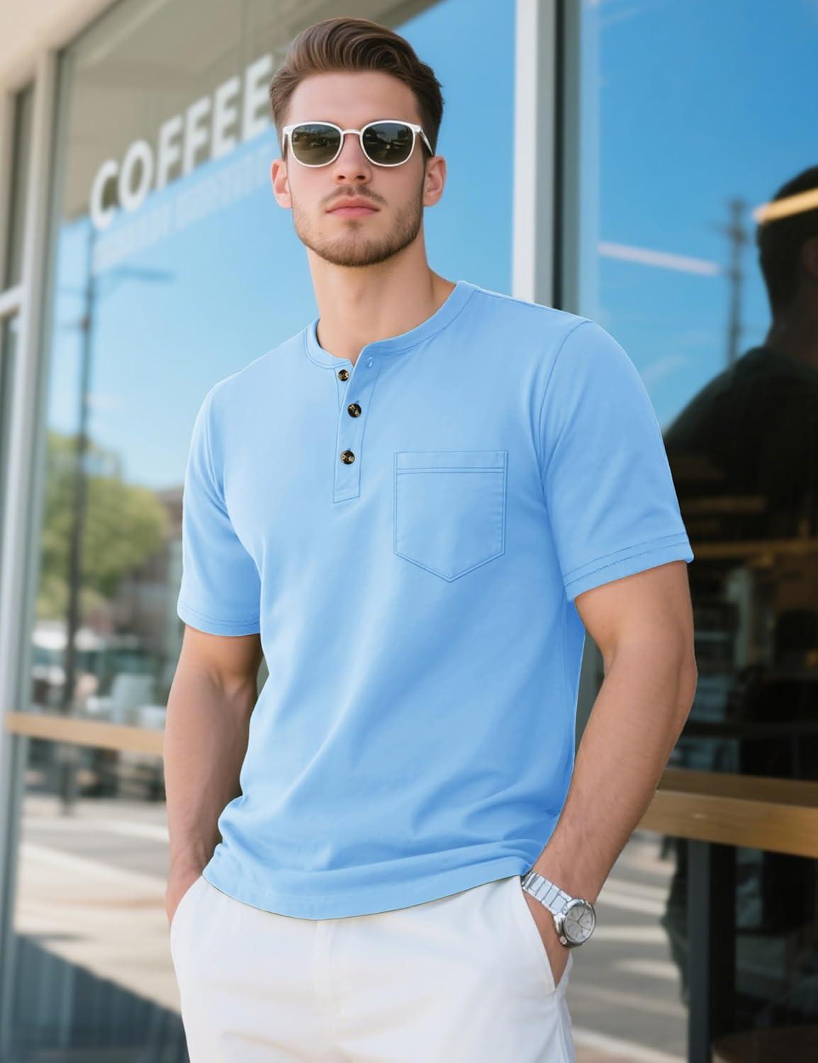 imageMAGCOMSEN Mens Henley Short Sleeve Shirt Cotton Lightweight Tee Shirts Casual Summer Basic Tees with PocketWater Blue