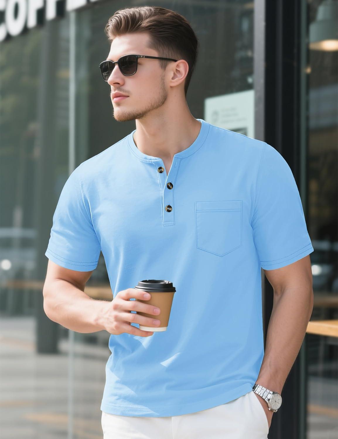 imageMAGCOMSEN Mens Henley Short Sleeve Shirt Cotton Lightweight Tee Shirts Casual Summer Basic Tees with PocketWater Blue