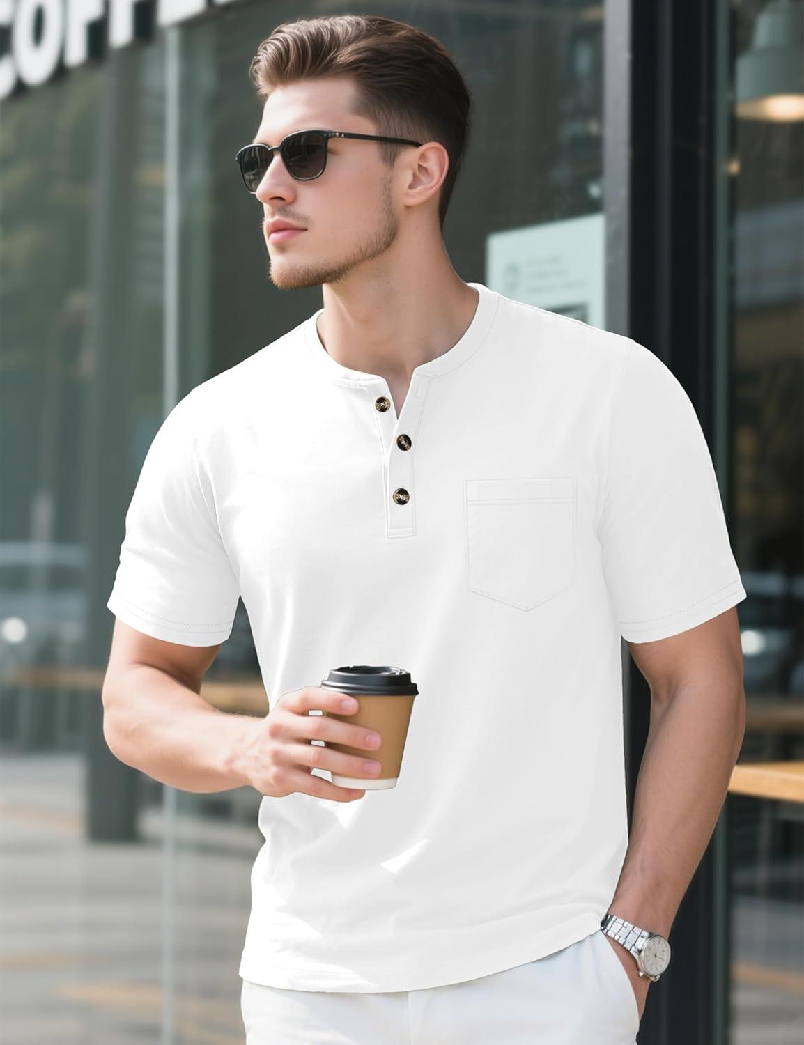 imageMAGCOMSEN Mens Henley Short Sleeve Shirt Cotton Lightweight Tee Shirts Casual Summer Basic Tees with PocketWhite